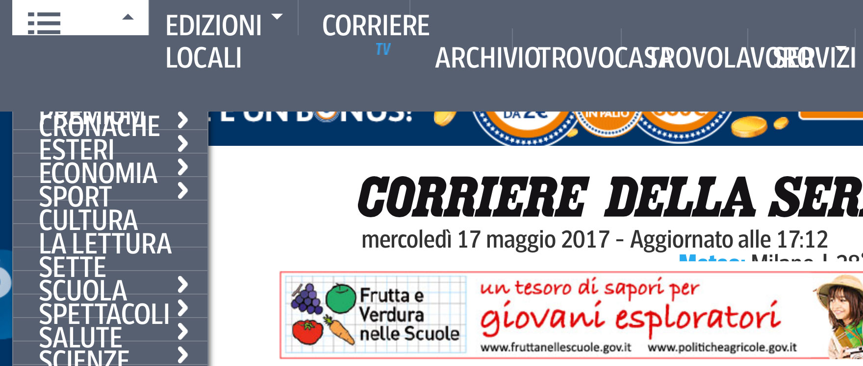 menù orizzontale e menù verticale del Corriere della Sera